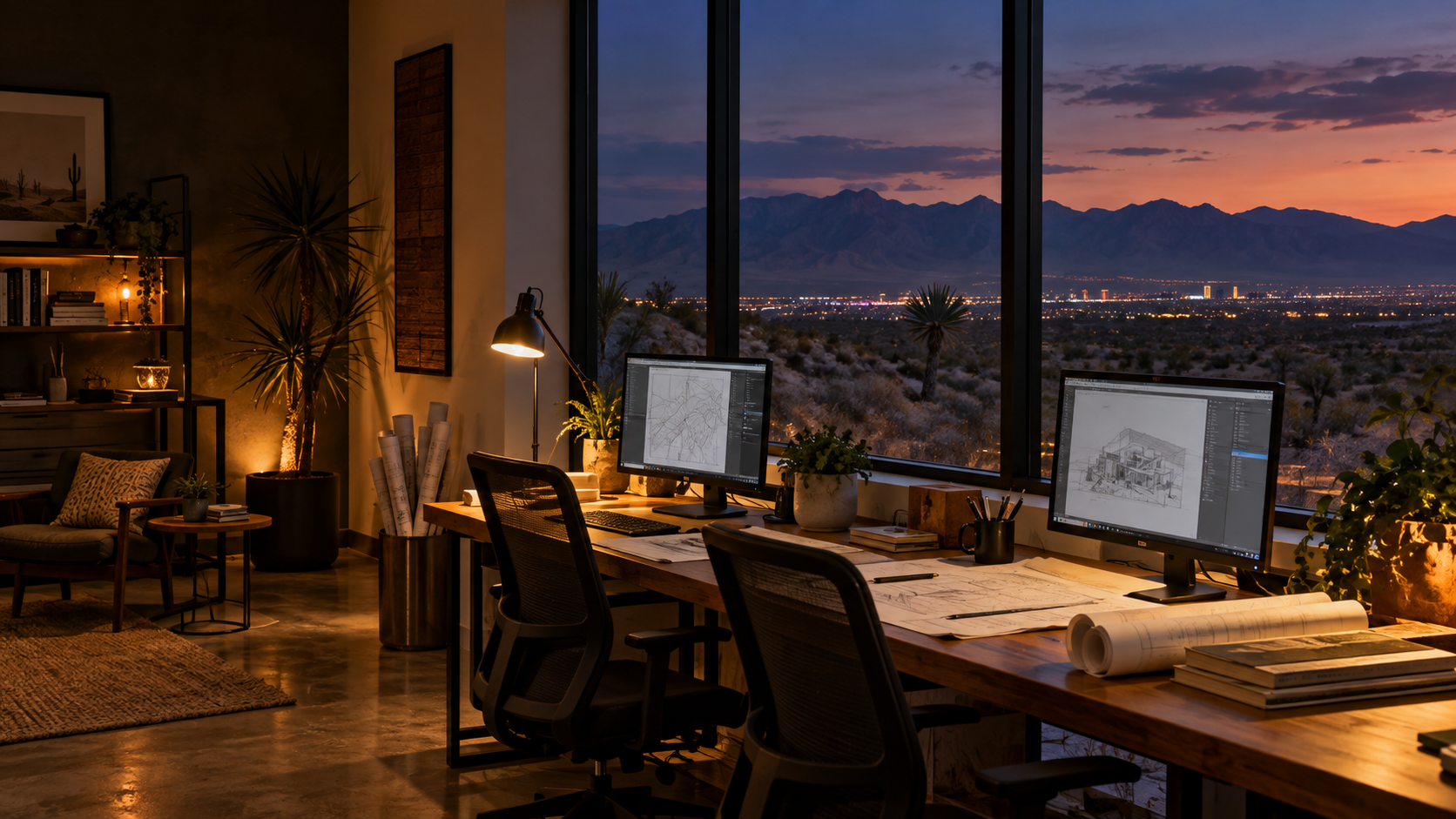 Illustrated Las Vegas workspace at dusk, with warm light and desert mountain views